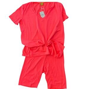 DAISY Loungewear Activewear V Neck Top & Bike Short Set Neon Coral Pink Sz M NEW
